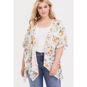 Torrid Womens Plus 14-18 White Floral Butterfly Chiffon Longline Kimono